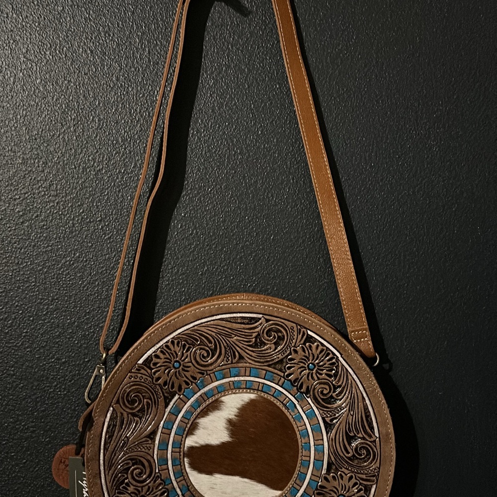Brown Leather Crossbody Bag with Blue Accents